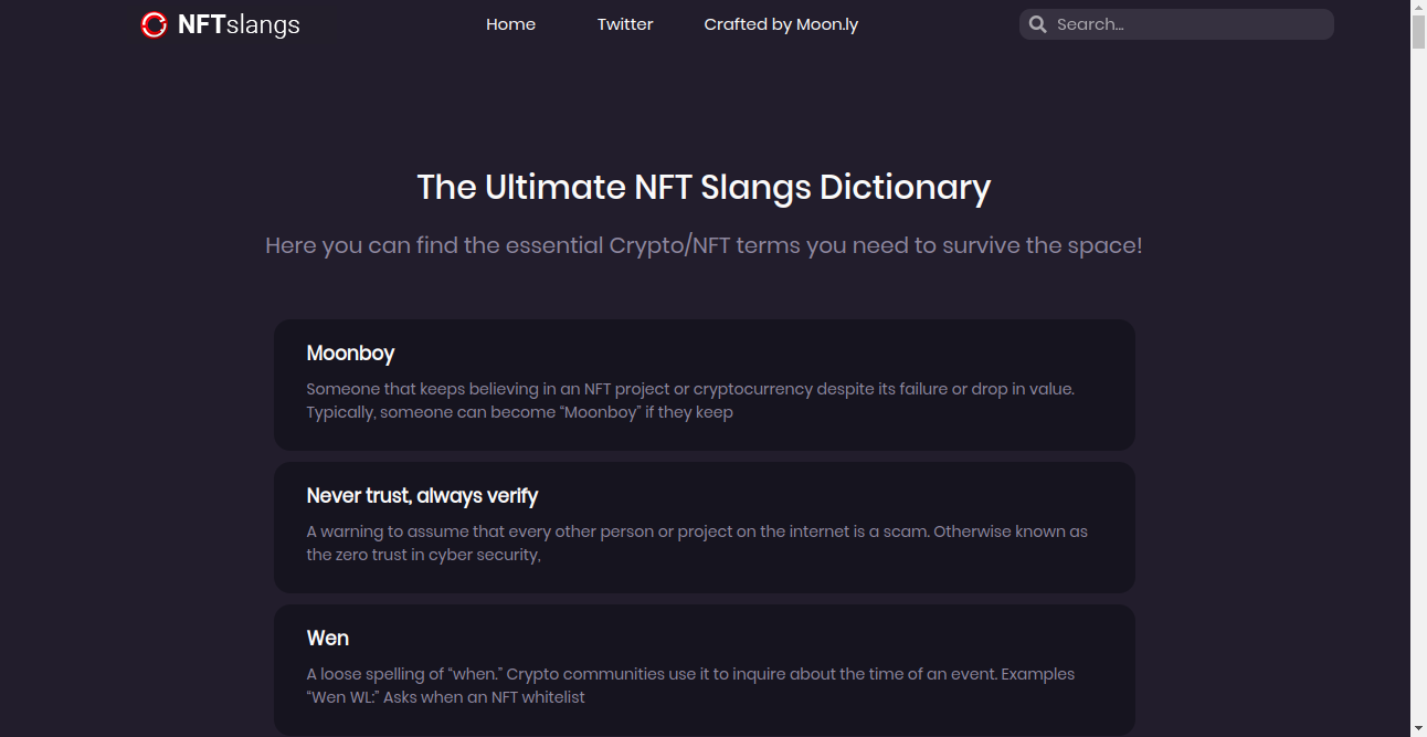 NFT Slangs Crypto Best List Home Page